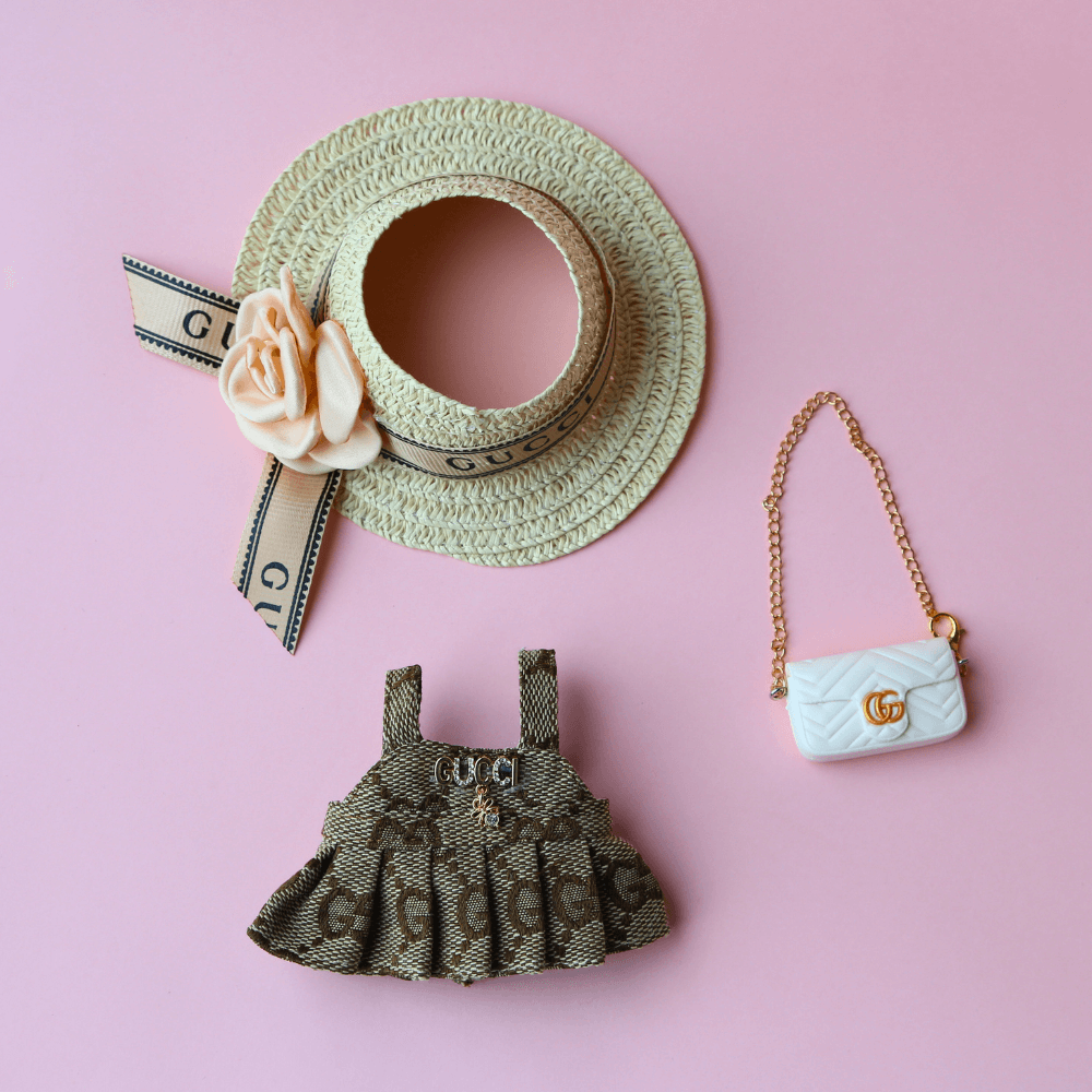 Vintage Bloom GG Look Dress, Hat & C-Bag 3-Piece Set - Labubu Fashion Clothes (Bag Included)