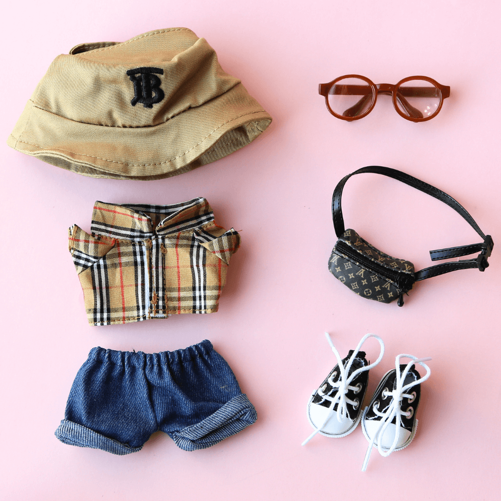 British Classic Check Look 3-Piece Set, Hat, Shirt & Jeans – Labubu Clothes